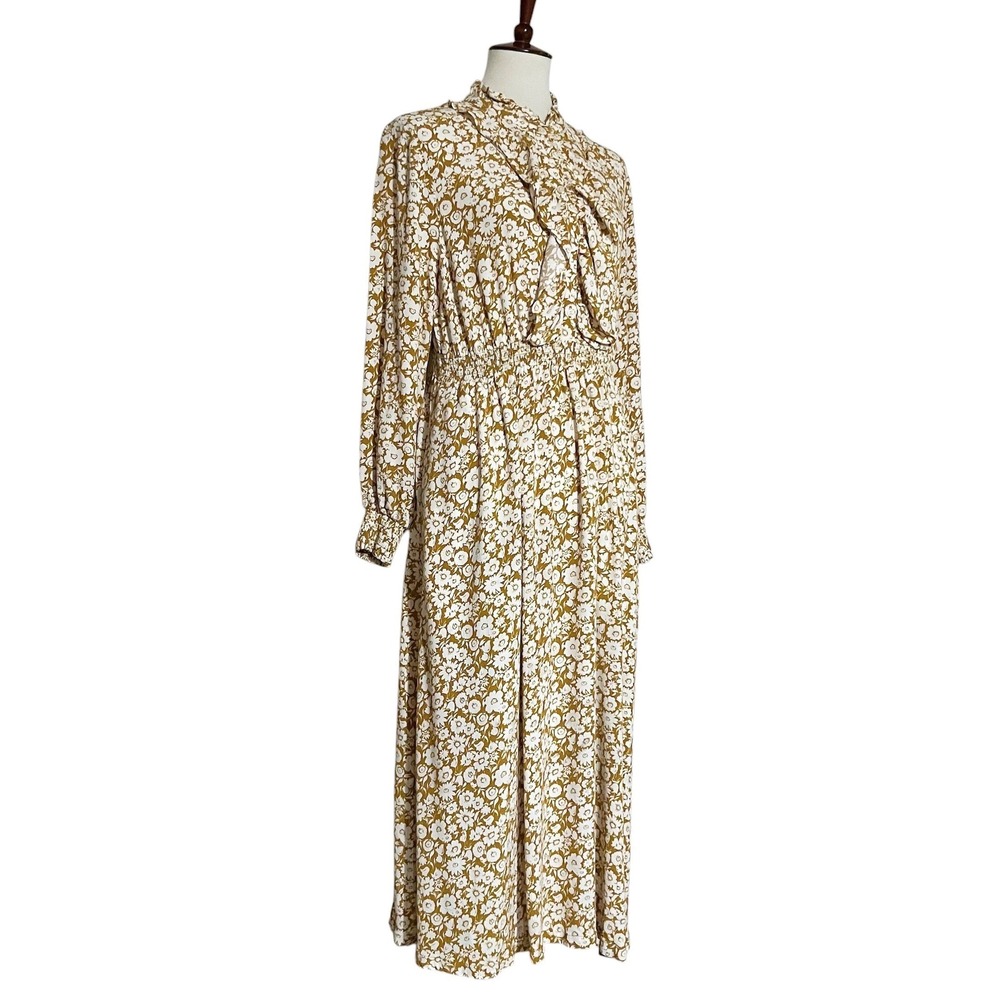 Boden Mustard Yellow Floral Ruffle High Neck Midi Dress Womens US 14 - Picture 4 of 12